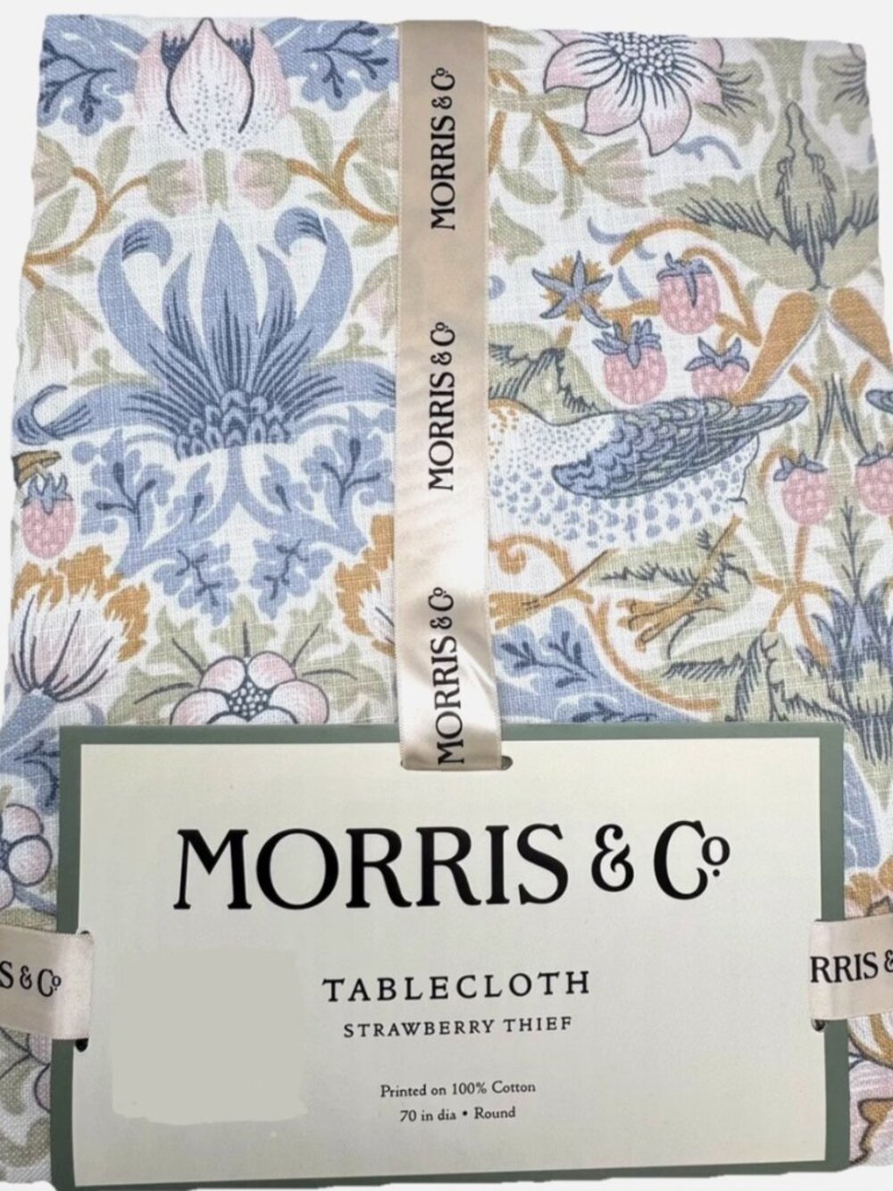 William MORRIS & Co Strawberry Thief Bird 70" Round Tablecloth Summer Blue Green